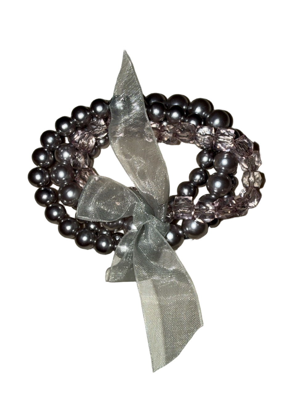 Gray Pearl and Crystal Stretch Bracelet Stack Set with Sheer Bow